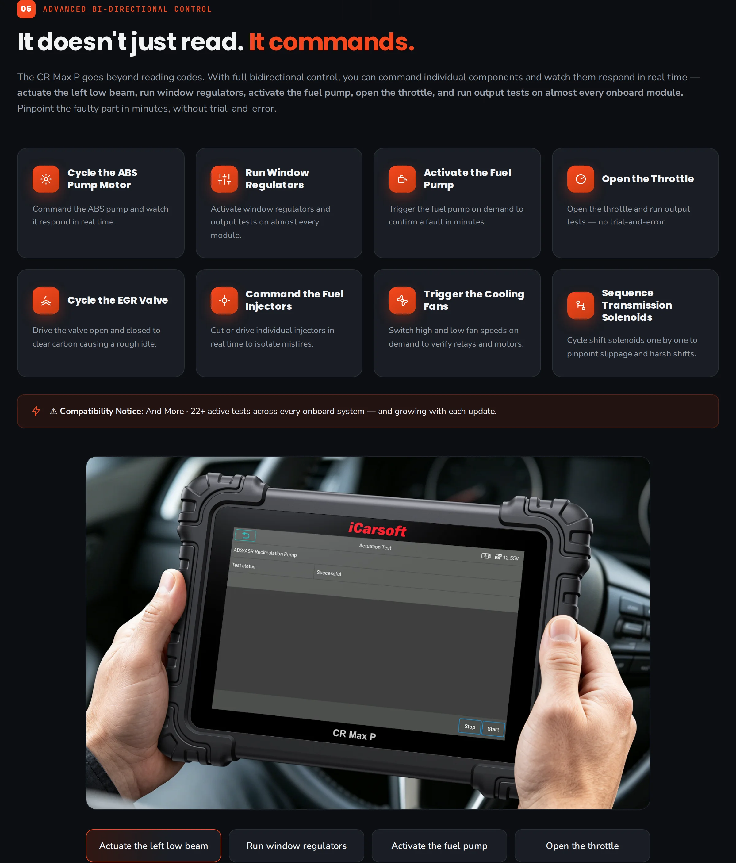 iCarsoft's bi-directional control section for the CR Max P, listing active tests with a hand holding the tablet on an actuation test screen