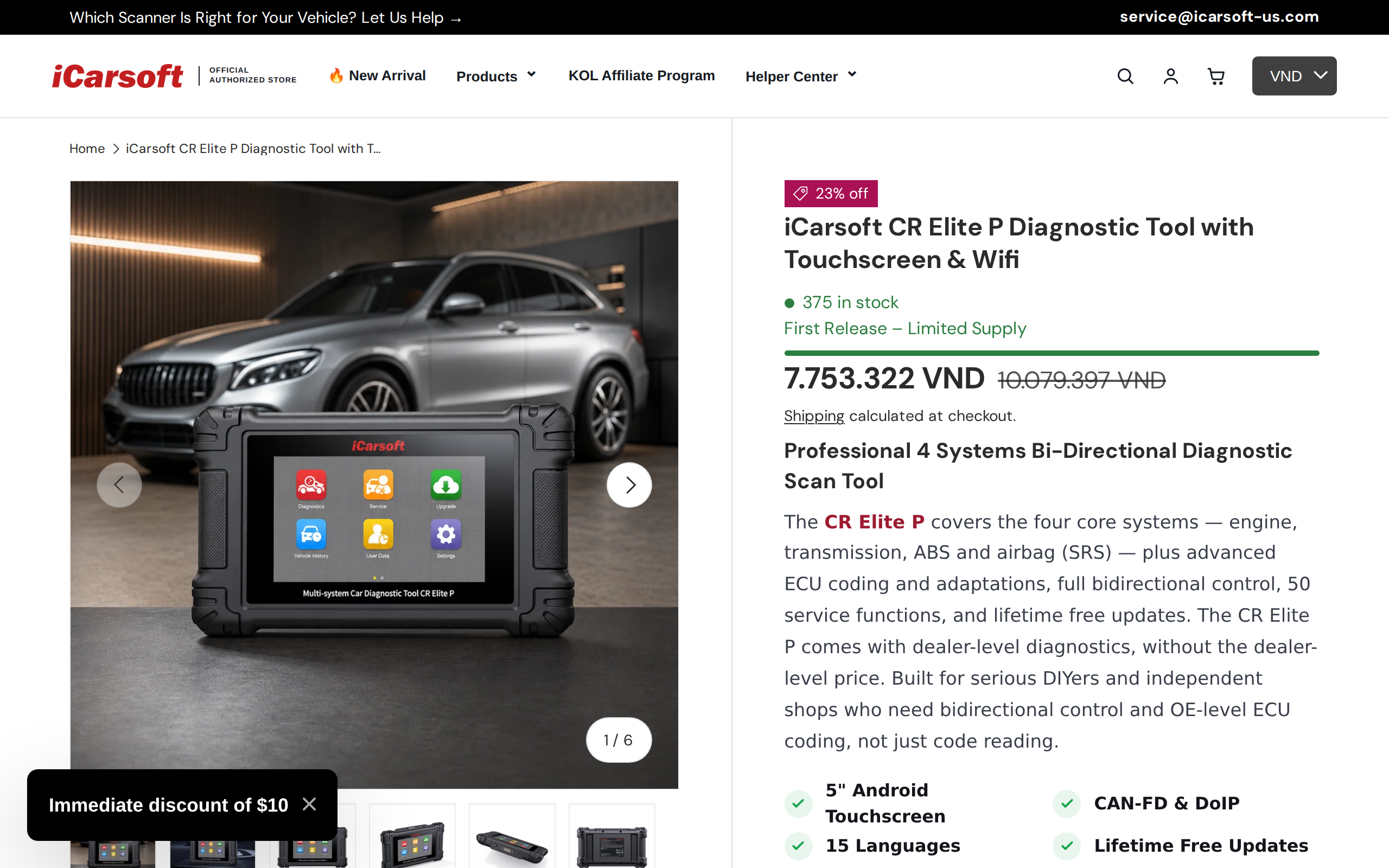 The iCarsoft CR Elite P product page with the handheld touchscreen scanner photographed in the gallery