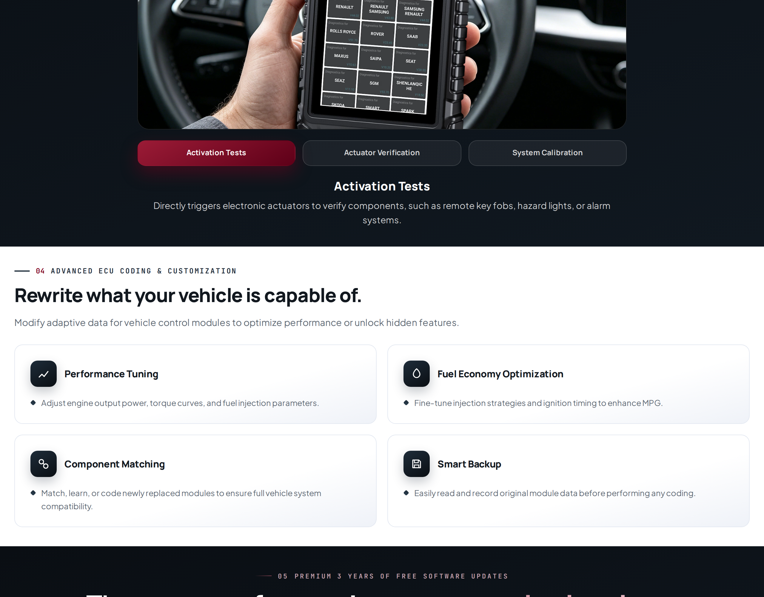 Dark section of the CR Legend page with a tablet in a driver's hand and tabs for activation tests, actuator verification and calibration