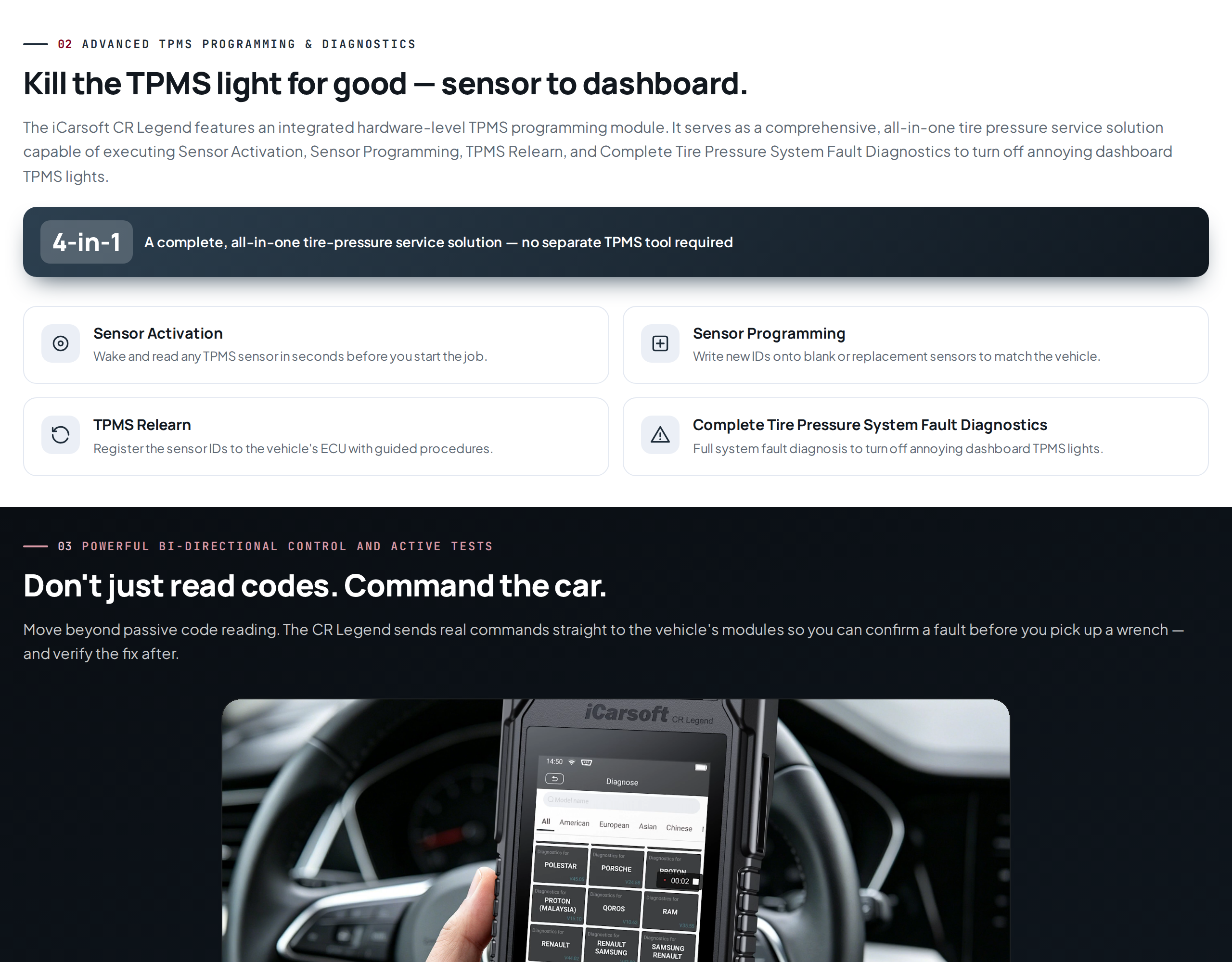 Section of the CR Legend page titled Kill the TPMS light for good, listing sensor activation, programming, relearn and diagnostics