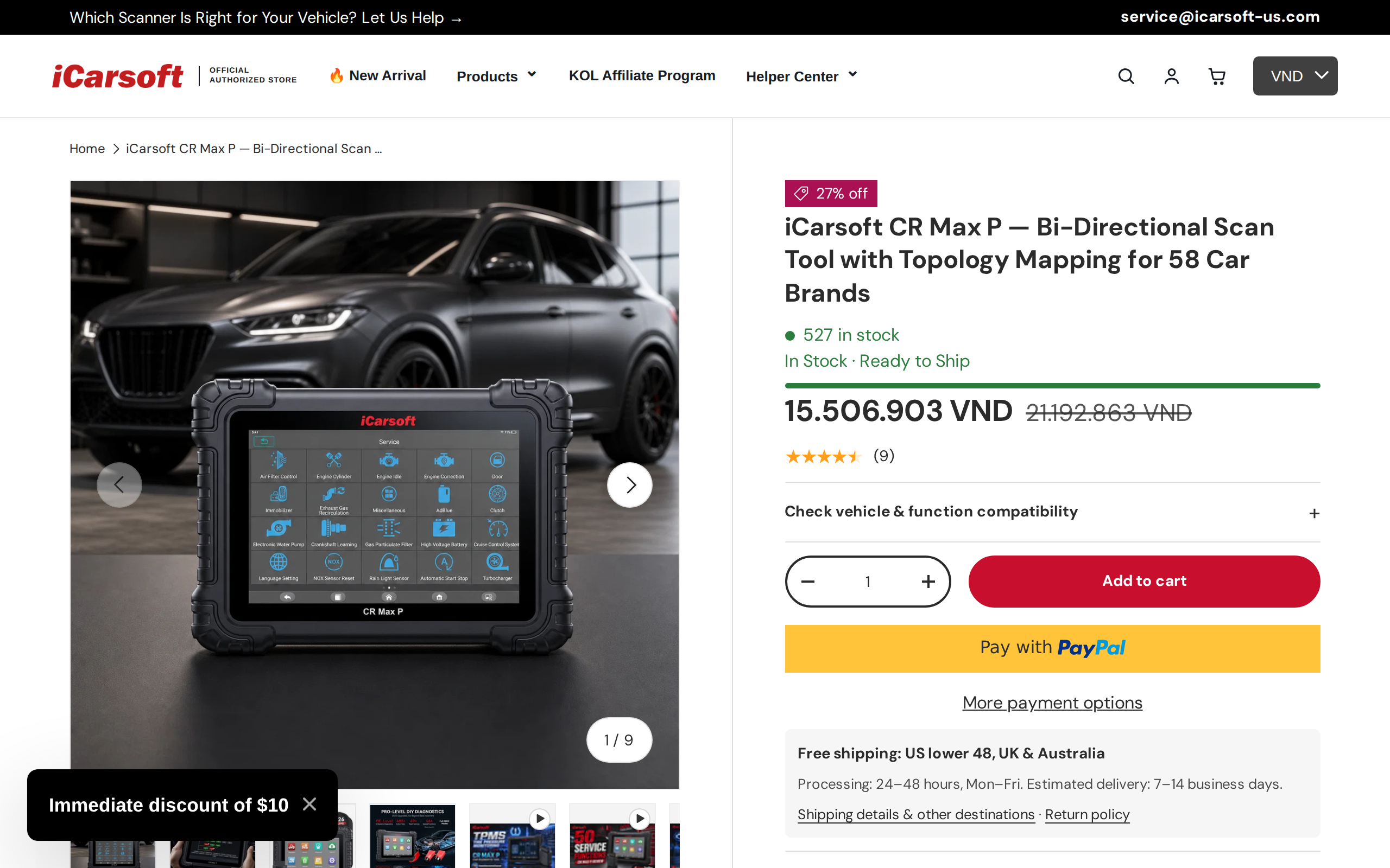 The iCarsoft CR Max P product page with the tablet photographed from the front and the headline about topology mapping