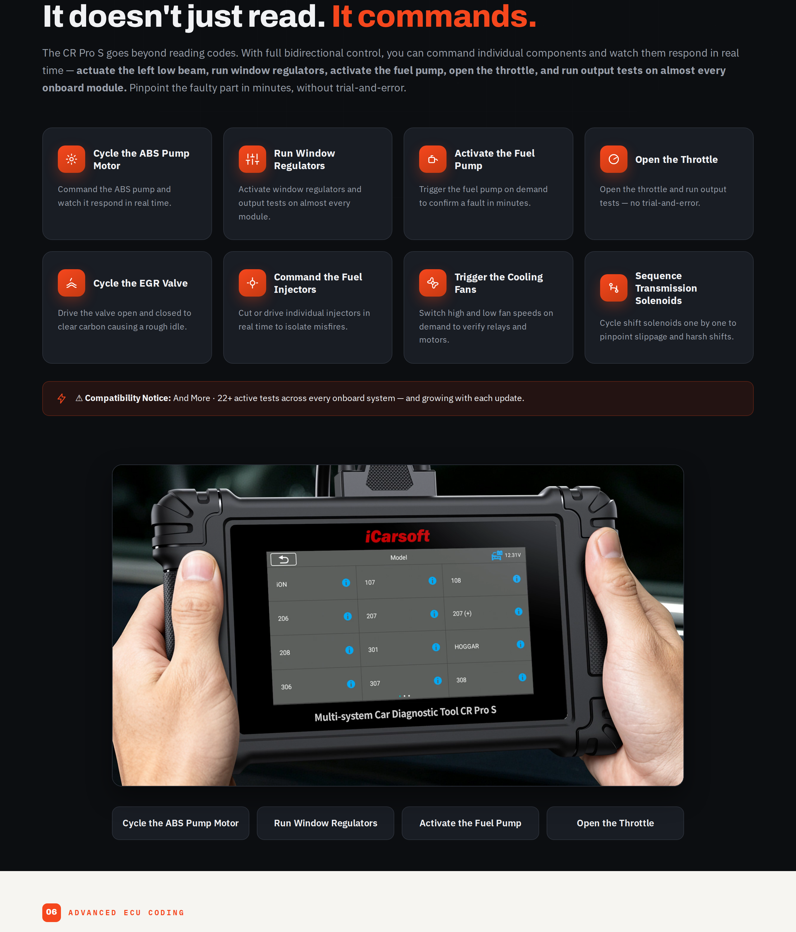 The CR Pro S Advanced Bi-Directional Control section listing component tests