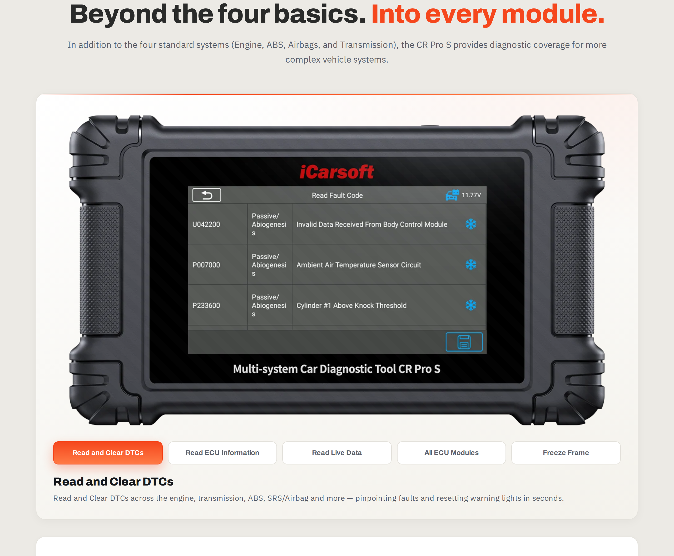 The CR Pro S section on full-system diagnostics, with read and clear codes, ECU information and live data across all modules