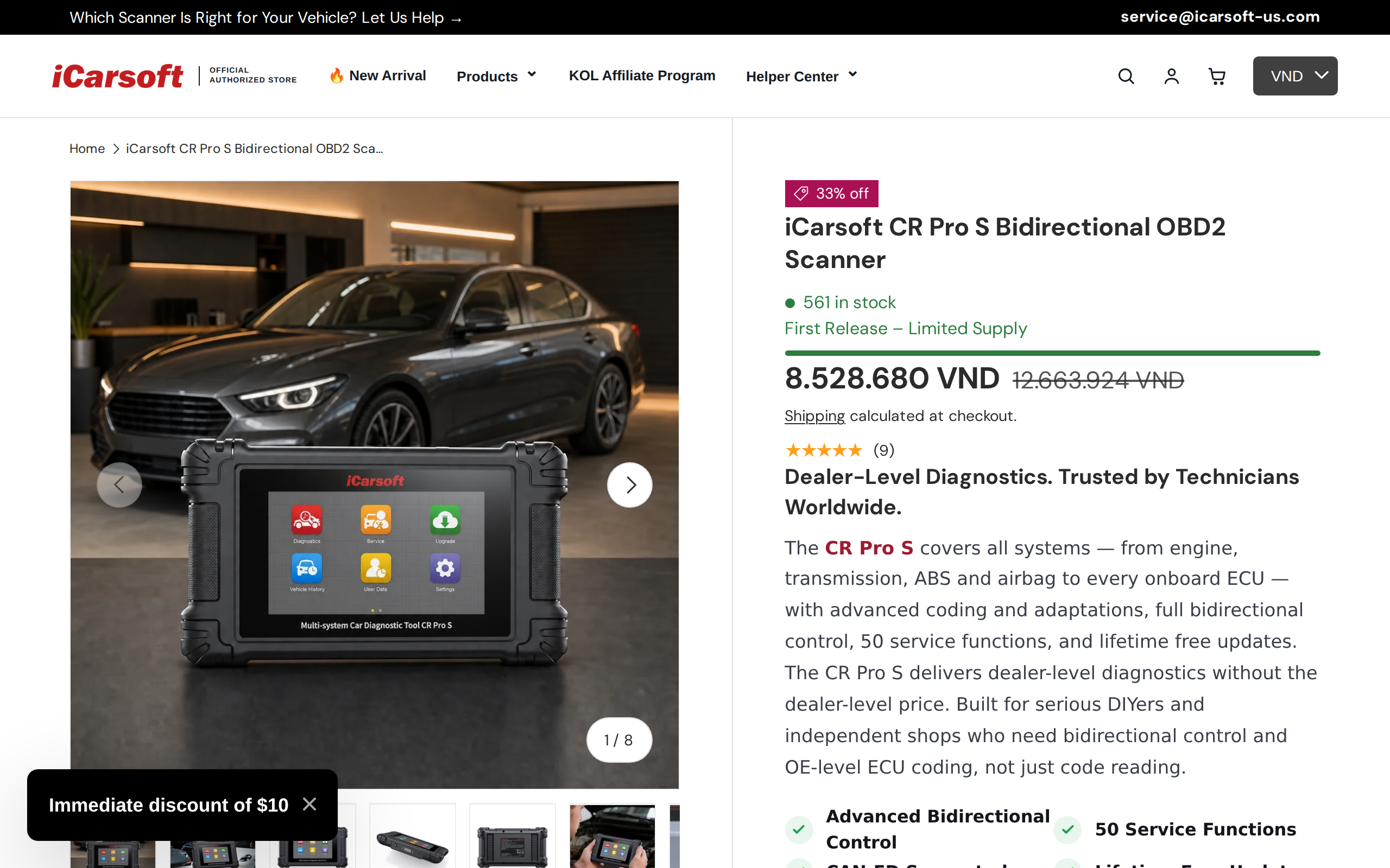 The iCarsoft CR Pro S bidirectional OBD2 scanner product page with the 5-inch handheld in the gallery
