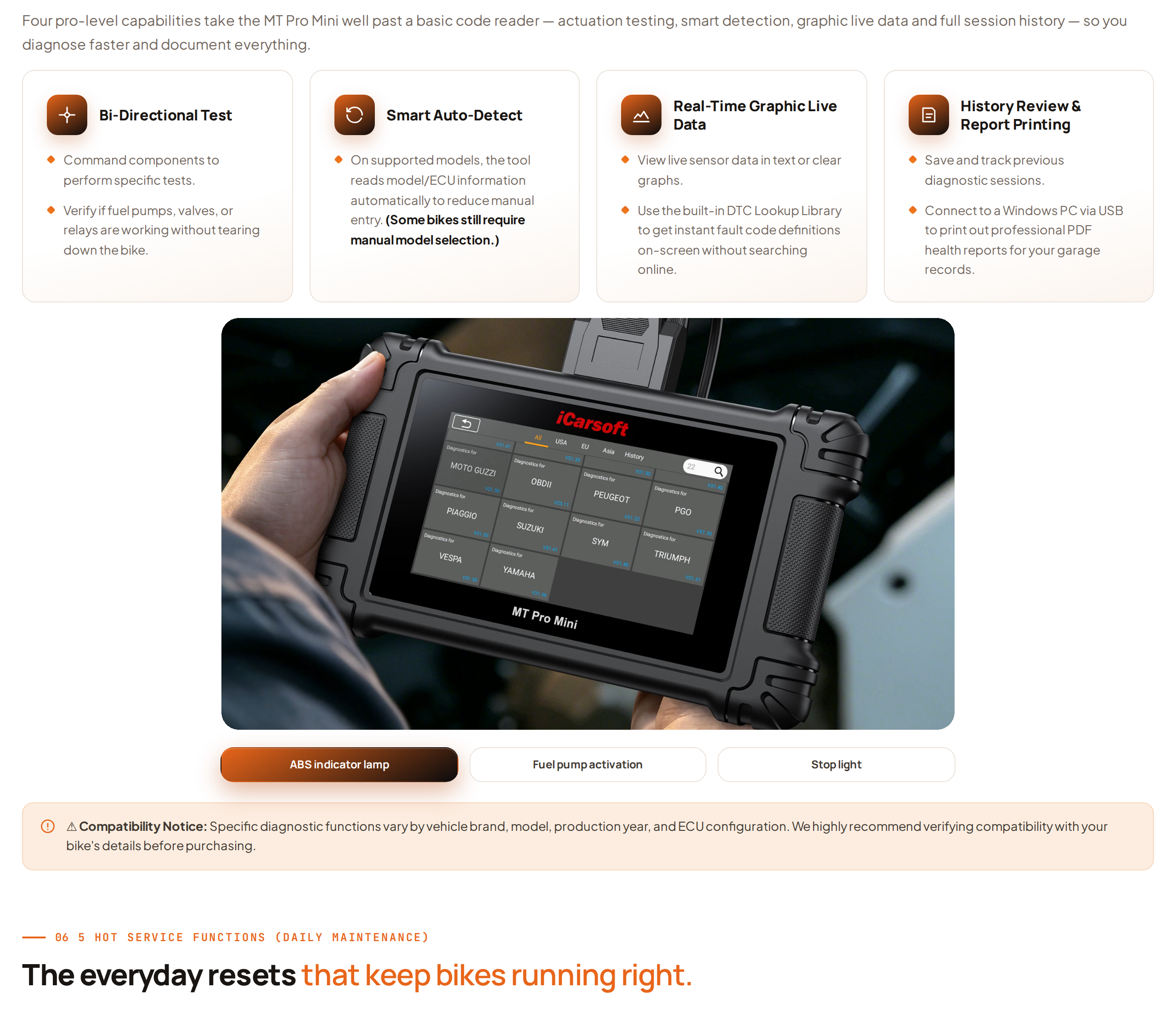 Four feature tiles above a photo of the Mini showing the tab for ABS indicator lamp, fuel pump activation and stop light tests