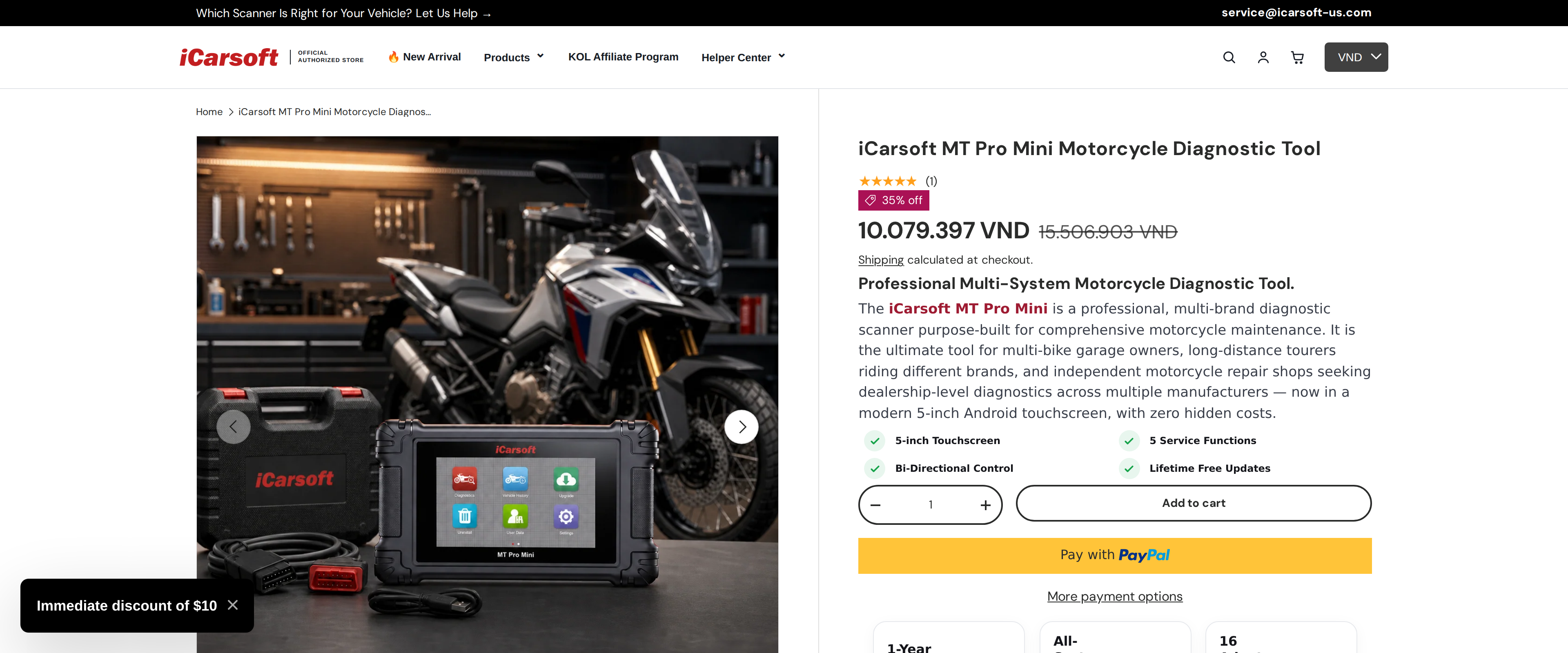 The iCarsoft MT Pro Mini product page showing the handheld motorcycle scanner and its title