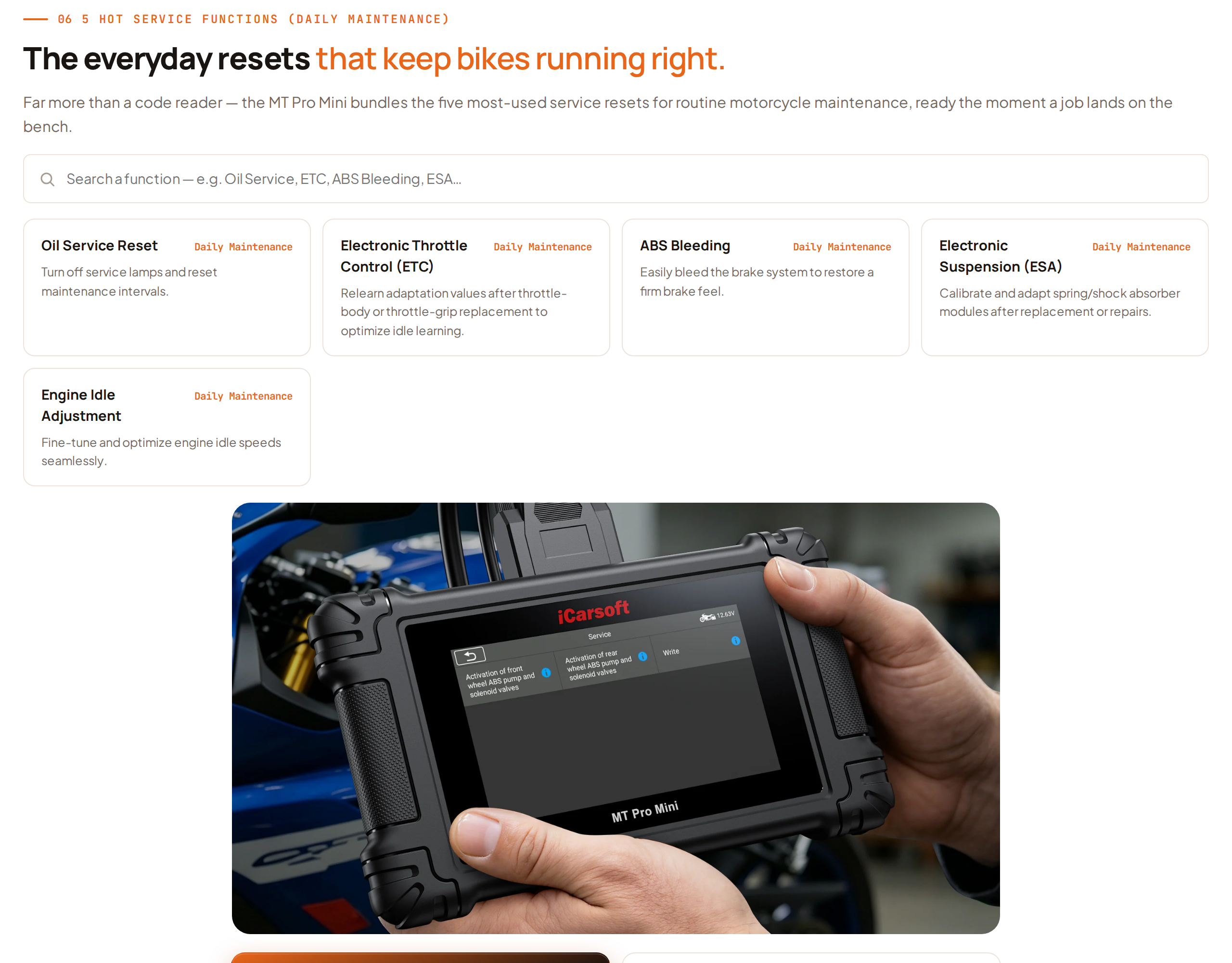 The five hot service functions, with a photo of the handheld scanner connected in a workshop