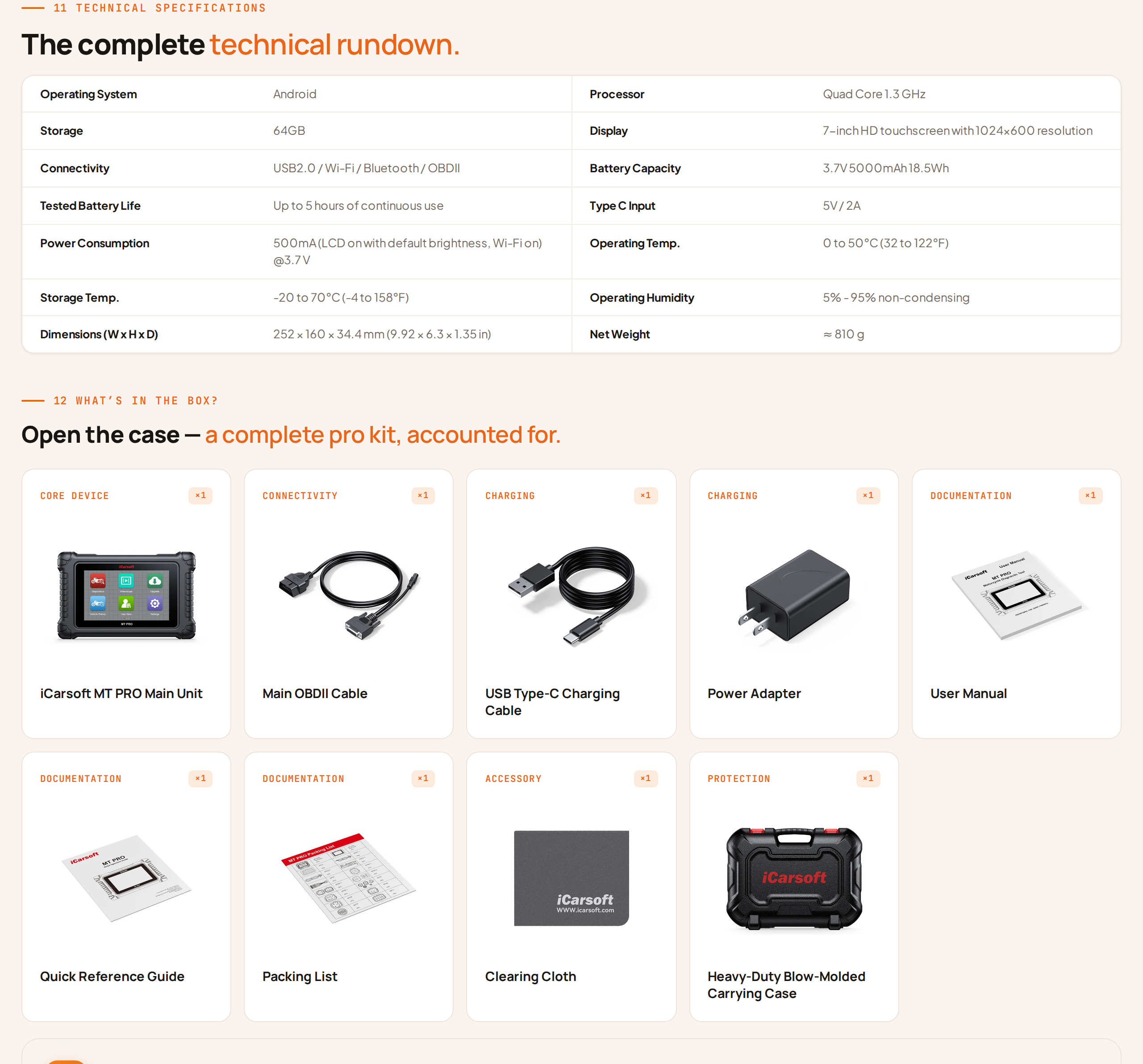 The MT PRO technical specifications table with processor, display, battery, dimensions and weight