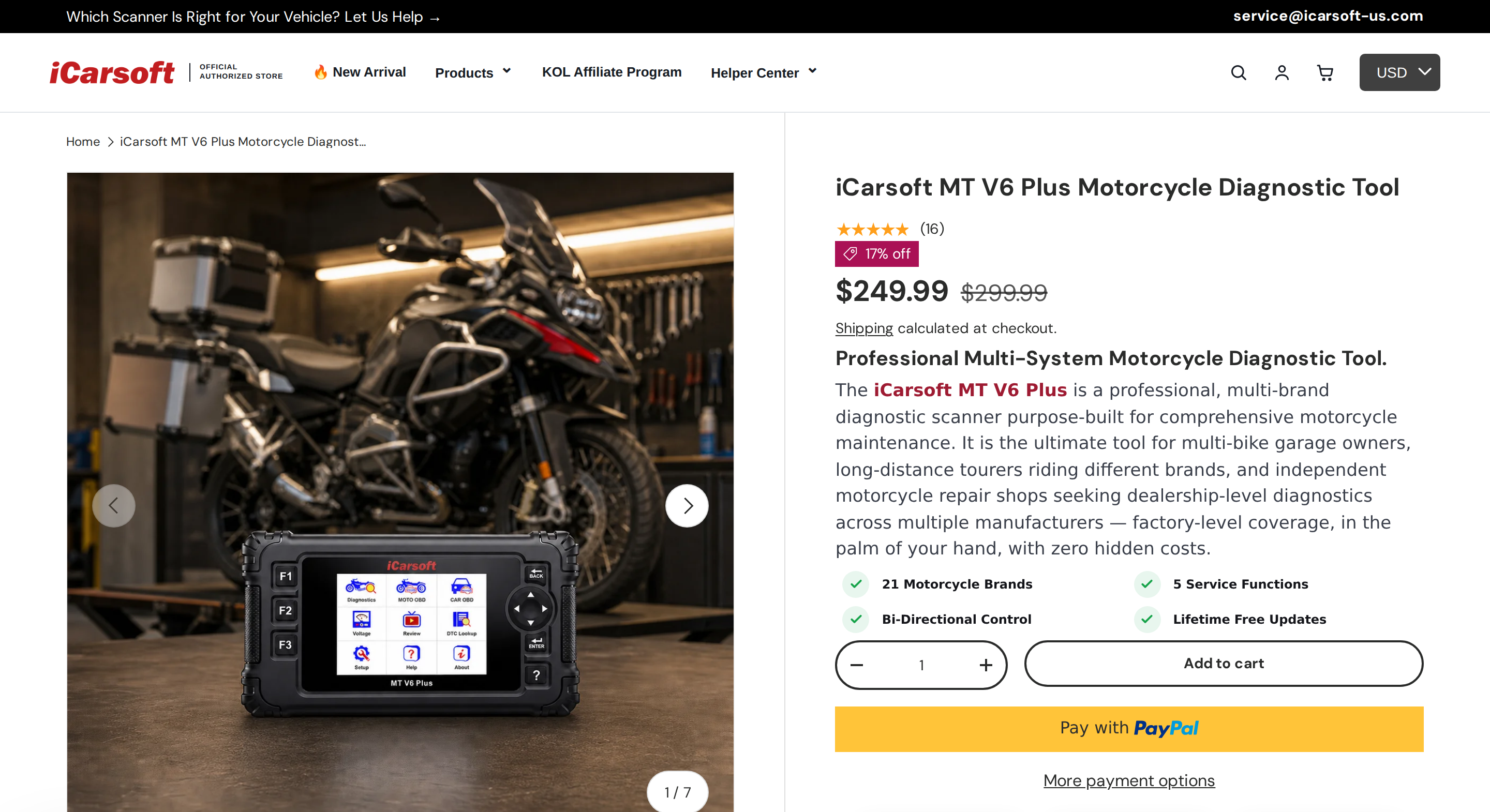 iCarsoft MT V6 Plus product page with the handheld scanner in front of an adventure motorcycle and the $249.99 price