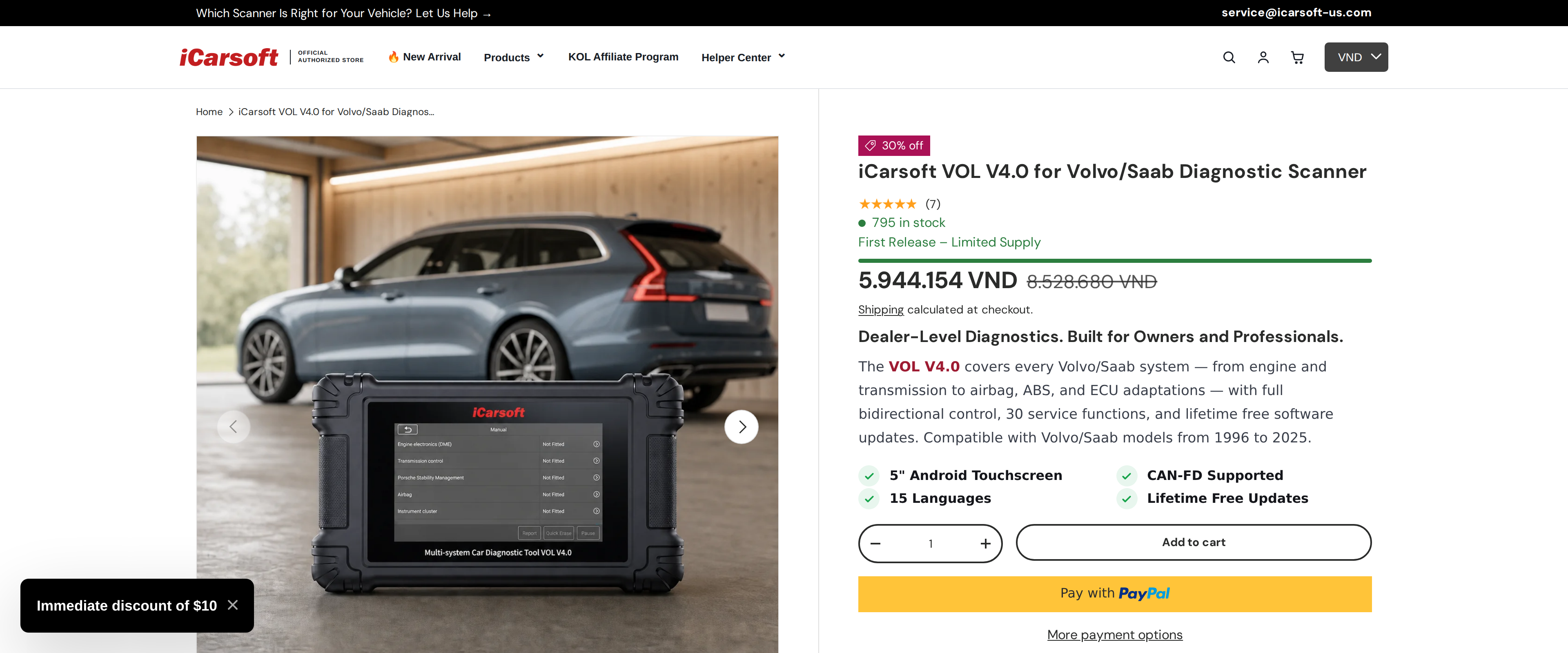 The iCarsoft VOL V4.0 product page headed for the Volvo and Saab diagnostic scanner with product photos